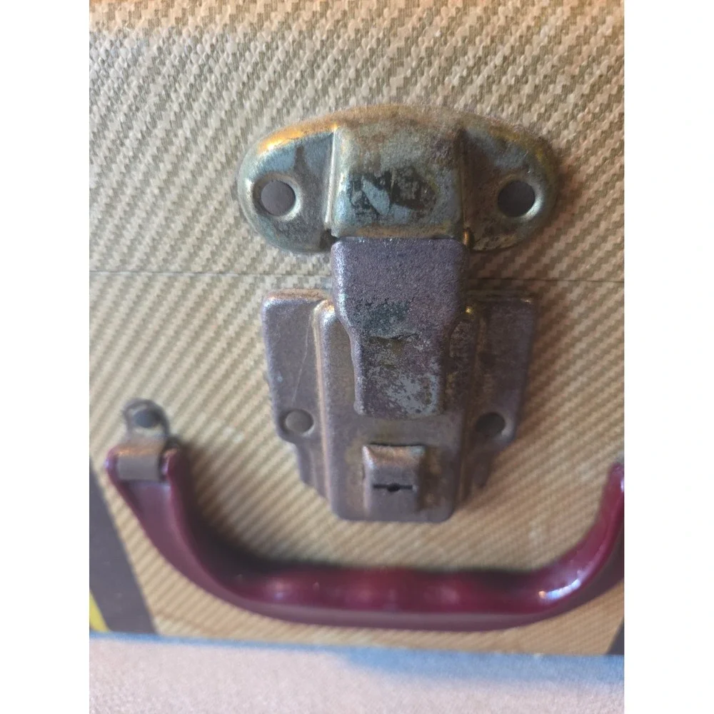 Vintage 1940s Tweed Suitcase Hardcase Luggage Brown & Yellow Stripes Prop Decor